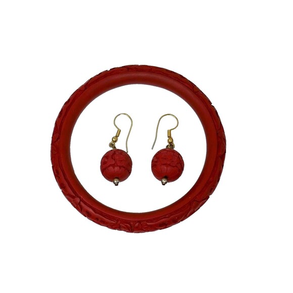 Carved Red Cinnabar Floral Flower Design Bangle Bracelet & Dangle Earrings Set - Picture 1 of 9